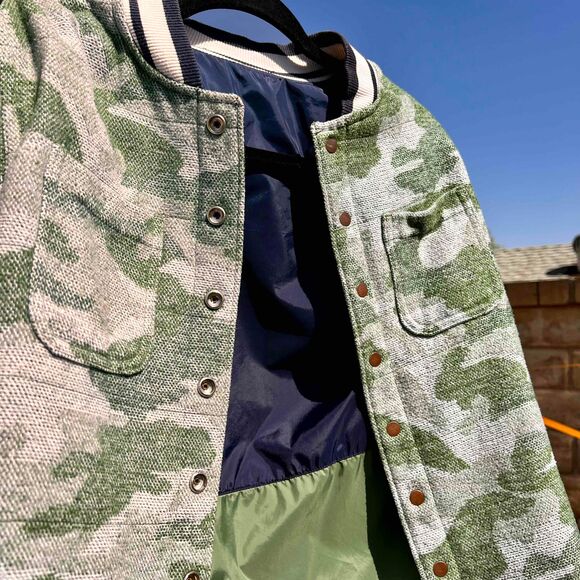 Reversible Camo Bomber Green Blue Varsity Jacket Unisex Mens Small Womens Medium - Picture 6 of 8